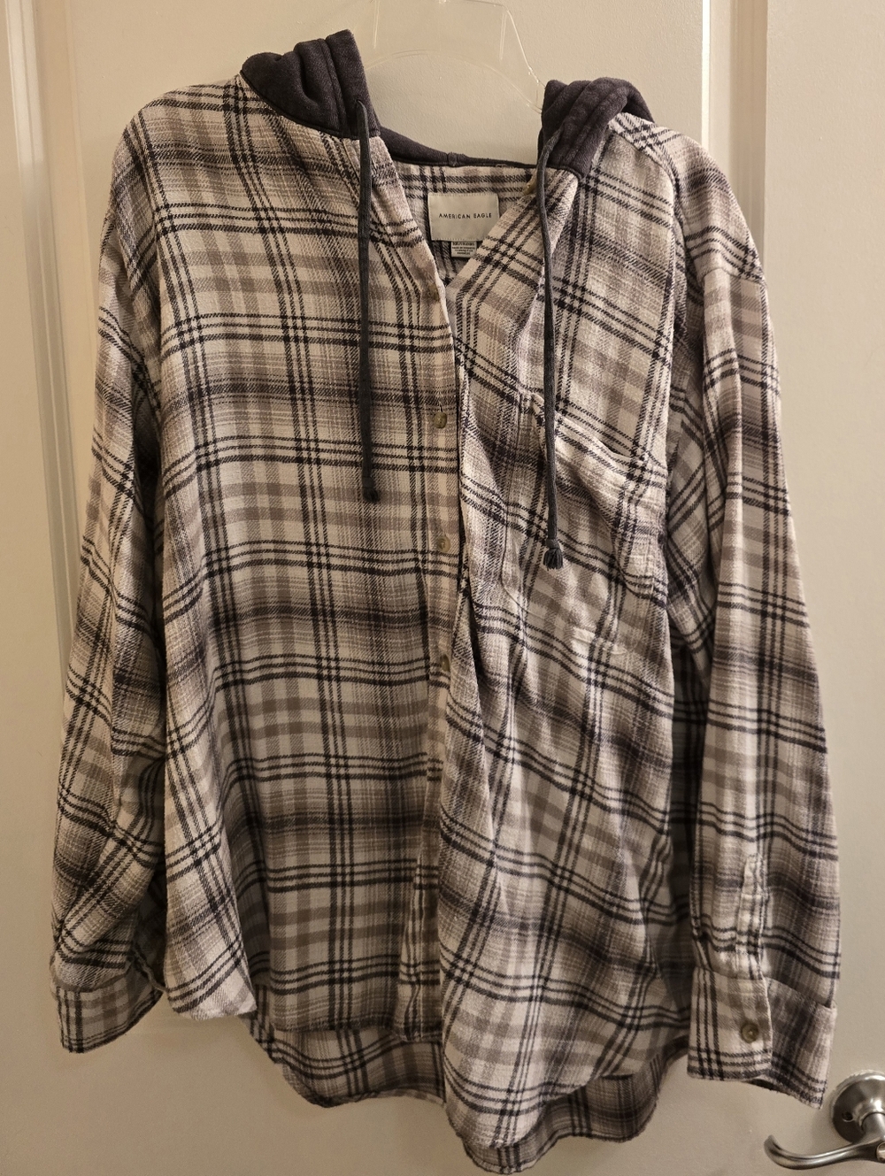 American Eagle Plaid Hooded Button-Up Shirt - Black & White XXL